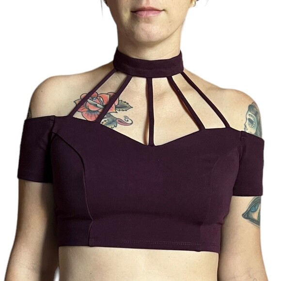 Charlotte Russe Harness Choker Crop Top Strappy Halter Shirt Medium M Purple - Picture 13 of 15
